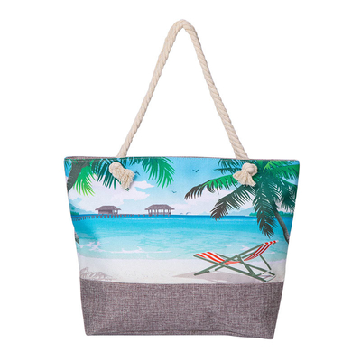 Hand Canvas Zippered Raffia Tote Bags Waterproof for Summer Vacation